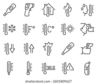 A simple set of temperature related vector line icons. Contains icons such as thermometer, pyrometer, body temperature check and more.A simple set of temperature related vector line icons. Contains ic