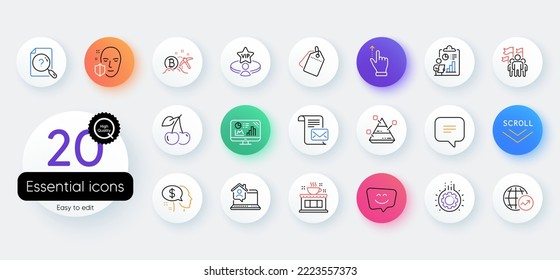 Simple set of Text message, Work home and Face protection line icons. Include Bitcoin mining, Mail letter, Leadership icons. Pyramid chart, Smile face, Sale tags web elements. Vector
