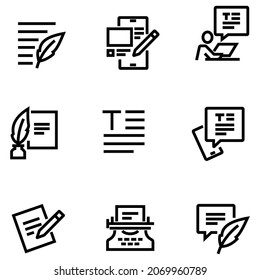 Simple Set of Text Related Vector Line Icons. Contains such Icons as Write Review, Creative Article Writing, Internet Content Editing, and more. Editable color. 4000 x 4000 Pixel Perfect.