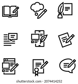 Simple Set of Text Related Vector Line Icons. Contains such Icons as Write Review, Creative Article Writing, Internet Content Editing, and more. Editable color. 4000 x 4000 Pixel Perfect.