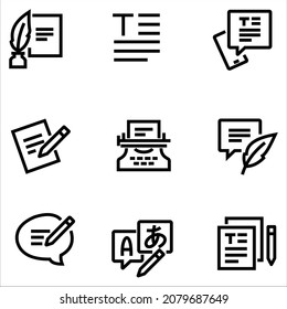 Simple Set of Text Related Vector Line Icons. Contains such Icons as Write Review, Creative Article Writing, Internet Content Editing, and more. Editable color. 4000 x 4000 Pixel Perfect.