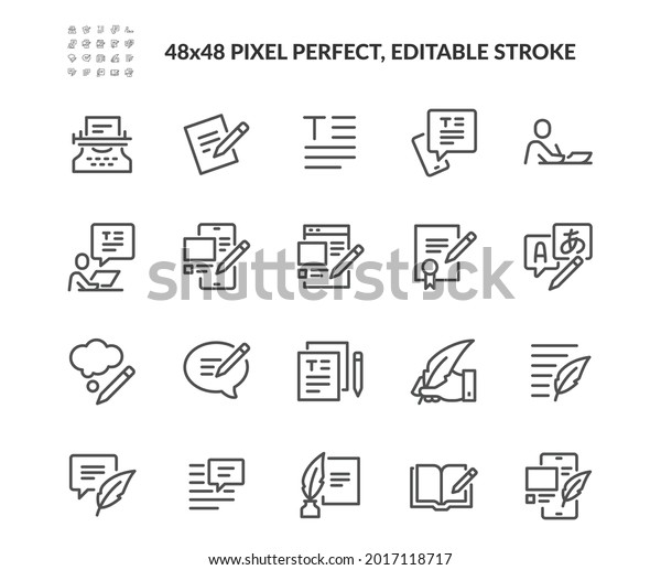 Simple Set of\
Text Related Vector Line Icons. Contains such Icons as Write\
Review, Creative Article Writing, Internet Content Editing and\
more. Editable Stroke. 48x48 Pixel\
Perfect.