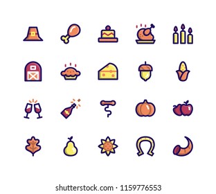 Simple Set of Thanksgiving Related Vector Filled Line Icons. Contains such Icons as pilgrim hat, chicken wing, cake, candles, barn and More. pixel perfect vector icons based on 32px grid.