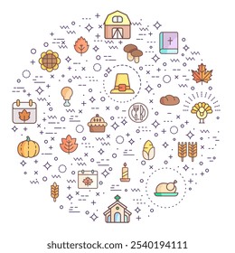 Simple Set of Thanksgiving Related Vector Line Illustration. Contains such Icons as autumn, food, drink, celebration, Pilgrims, decorations, farming, gifts, nature, produce and more.