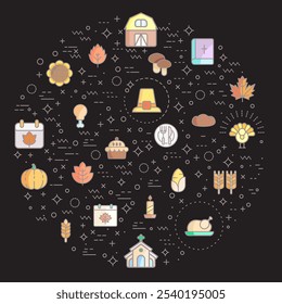 Simple Set of Thanksgiving Related Vector Line Illustration. Contains such Icons as autumn, food, drink, celebration, Pilgrims, decorations, farming, gifts, nature, produce and more.