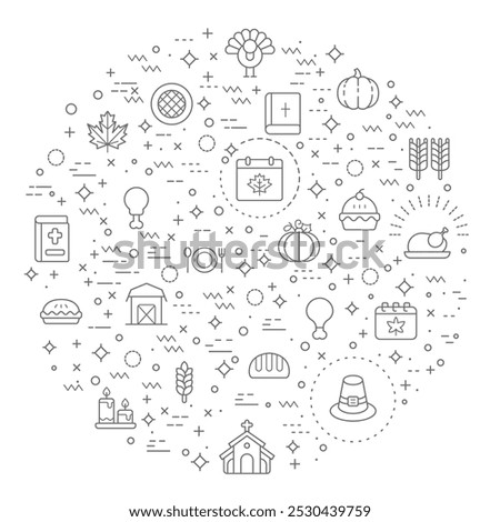 Simple Set of Thanksgiving Related Vector Line Illustration. Contains such Icons as autumn, food, drink, celebration, Pilgrims, decorations, farming, gifts, nature, produce and more.