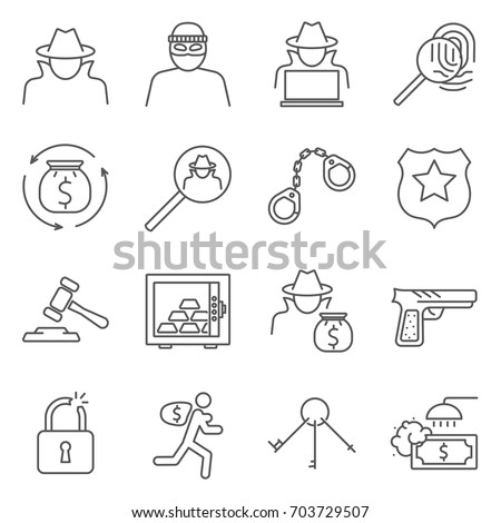 Simple Set of thief Related Vector Line Icons. Contains such Icons as theft, crime, thief, robber, intruder, money laundering, kidnapping and more.