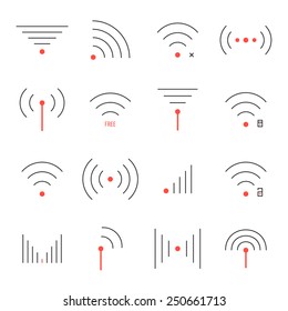 simple set of thin line red and black wifi icons. concept of free internet point, wi-fi connection via radio waves, wifi area. isolated on white background. modern logo design vector illustration