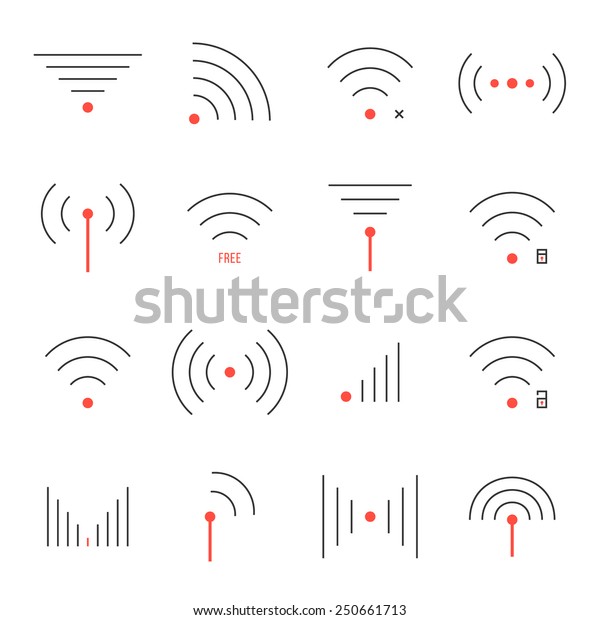 細い線の赤と黒のwifiアイコンの簡単なセット 無料のインターネットポイント 電波 Wi Fiエリアを介したwi Fi接続のコンセプト 白い背景に モダンロゴデザインベクターイラスト のベクター画像素材 ロイヤリティフリー
