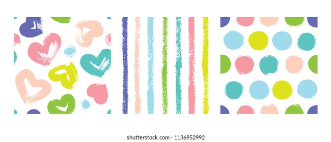 A simple set of three patterns with hearts, striped and in pots in pastel colors.
