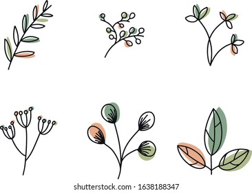 simple set three-color twigs and leaves. Vintage style. Green, turquoise, coral colors. Isolated. For your templates, accents, logos