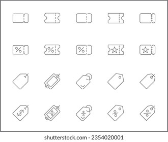 Simple Set of Ticket Related Vector Line Icons. Vector collection of shopping, e-commerce, sales, transport, travel, label, coupon, paper, seat, pass and design elements symbols.