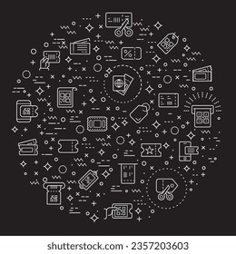 Ensemble simple d'illustrations vectorielles associées au ticket. Contient des Icônes telles que le shopping, le commerce électronique, les ventes, le transport, les voyages, l'étiquette, le coupon, le papier, le siège, le pass et d'autres éléments.