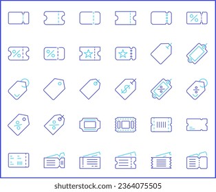 Simple Set of Ticket Related Vector Line Icons. Vector collection of shopping, e-commerce, sales, transport, travel, label, coupon, paper, seat, pass and design elements symbols.