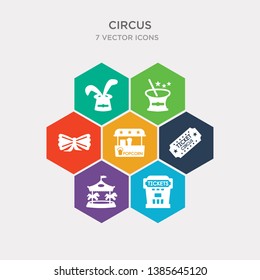 simple set of ticket tent, carousel, circus tickets, popcorn icons, contains such as icons big bow, magic wand, rabbit in the hat and more. 64x64 pixel perfect. infographics vector