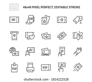 Conjunto simple de iconos de línea de vectores relacionados con las entradas. Contiene iconos como Early Bird, Combo offer, Mobile Ticket y más. Stroke editable. 48x48 Pixel Perfecto.
