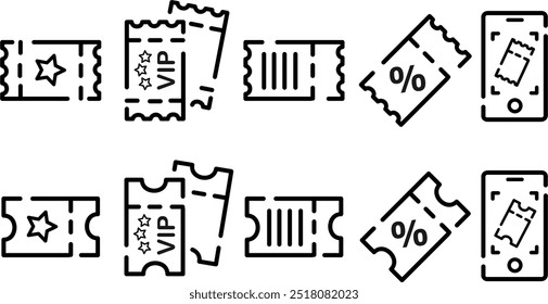 Simple Set of Tickets Related Vector Line Icons. Contains such Icons as Early Bird, Combo offer, Mobile Ticket and more, coupons
