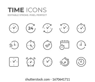 Simple Set of Time & Clock Line Icons. Editable Stroke. Pixel Perfect.