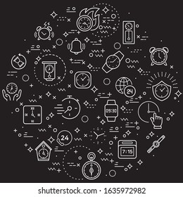 Simple Set of time and clock Related Vector Line Illustration. Contains such Icons as stopwatch, watch, alarm and timer and Other Elements. Modern style line drawing and background color black.