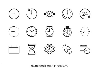 Simple Set of Time and Clock Vector Line Icons. Contains such Icons as Alarm clock, Hourglass, Settings, Stopwatch, Calendar, Timer and more. Editable Stroke. 48x48 Pixel Perfect.