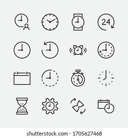 Simple Set of Time and Clock Vector Line Icons. Contains such Icons as Alarm clock, Hourglass, Settings, Stopwatch, Calendar, Timer and more. Editable Stroke. 48x48 Pixel Perfect