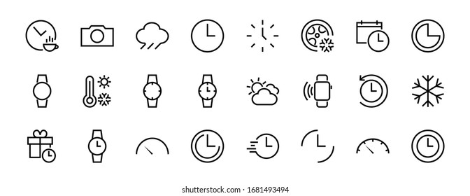 Plantilla editable de color de icono de tiempo simple. Contiene iconos como comprobación de tiempo, calendario del velocímetro y otros signos vectoriales aislados en un fondo blanco para diseño gráfico y web. 48x48 píxeles.