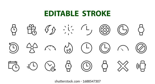 Plantilla editable de color de icono de tiempo simple. Contiene iconos como comprobación de tiempo, calendario del velocímetro y otros signos vectoriales aislados en un fondo blanco para diseño gráfico y web. 48x48 píxeles.