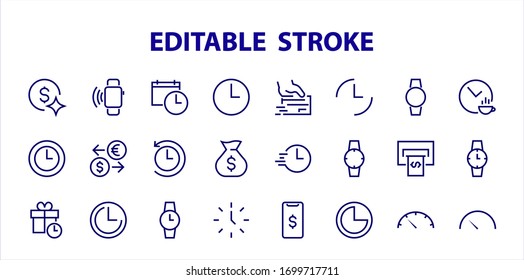 Simple set of time icon color editable template. Contains icons such as time check, speedometer calendar and other vector signs isolated on a white background for graphic and web design. 48x48 pixels.