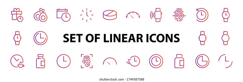 Plantilla editable de color de icono de tiempo simple. Contiene iconos como comprobación de tiempo, calendario del velocímetro y otros signos vectoriales aislados en un fondo blanco para diseño gráfico y web. 48x48 píxeles.