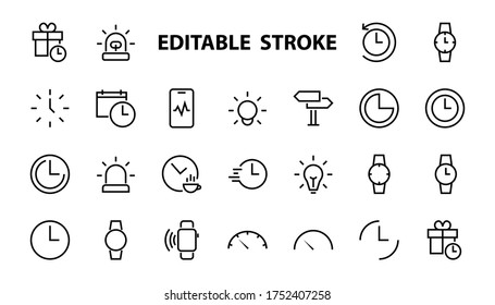 Simple set of time icon color editable template. Contains icons such as time check, speedometer calendar and other vector signs isolated on a white background for graphic and web design. 48x48 pixels.