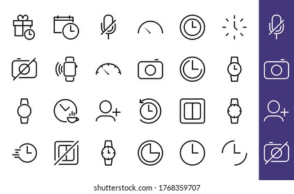 Simple set of time icon color editable template. Contains icons such as time check, speedometer calendar and other vector signs isolated on a white background for graphic and web design. 48x48 pixels.