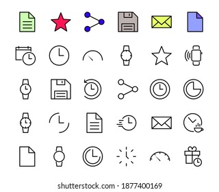 Einfache Menge der Zeit Icon Farbe bearbeitbare Vorlage. Enthält Symbole wie Zeitprüfung, Tachometerkalender und andere Vektorzeichen einzeln auf weißem Hintergrund für Grafik und Web-Design. 48 x 48 Pixel.