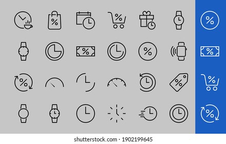 Plantilla editable de color de icono de tiempo simple. Contiene iconos como comprobación de tiempo, calendario del velocímetro y otros signos vectoriales aislados en un fondo blanco para diseño gráfico y web. 48x48 píxeles.
