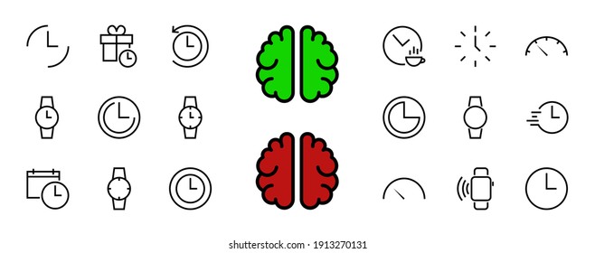 Plantilla editable de color de icono de tiempo simple. Contiene iconos como comprobación de tiempo, calendario del velocímetro y otros signos vectoriales aislados en un fondo blanco para diseño gráfico y web.