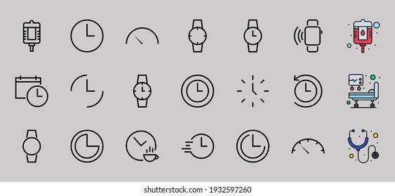 Simple set of time icon color editable template. Contains icons such as time check, speedometer calendar and other vector signs isolated on a white background for graphic and web design. 48x48 pixels.