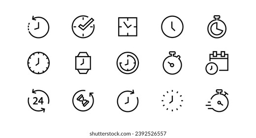 Simple set time icon thin outline editable stroke time check, speedometer speed calendar clock, alarm, timer, date vector sign on white background for graphic, web design Sandglass 24 hour Hourglass 