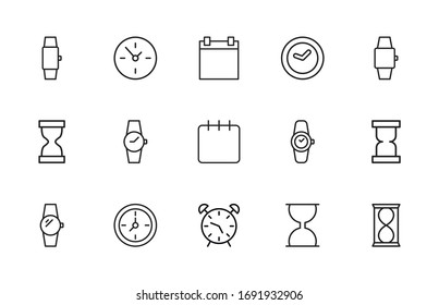 Conjunto simple de iconos de tiempo en estilo de línea de moda. Símbolos vectoriales modernos, aislados en un fondo blanco. Envase para pictogramas lineales. Colección de iconos de línea para aplicaciones web y concepto móvil.