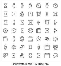 Einfache Anzahl von Zeitsymbolen im trendigen Linienstil. Moderne Vektorsymbole, isoliert auf weißem Hintergrund. Lineare Piktogramm-Packung. Line Icons Collection für Web-Anwendungen und Mobile Concept.