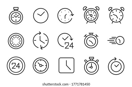 Conjunto simple de iconos de tiempo en estilo de línea de moda. Símbolos vectoriales modernos, aislados en un fondo blanco. Envase para pictogramas lineales. Colección de iconos de línea para aplicaciones web y concepto móvil.