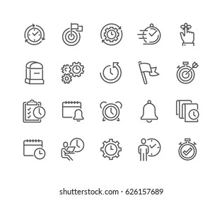 Simple Set of Time Management Related Vector Line Icons. 
Contains such Icons as Milestone, Reminder, Goal, Working Hours and more.
Editable Stroke. 48x48 Pixel Perfect.
