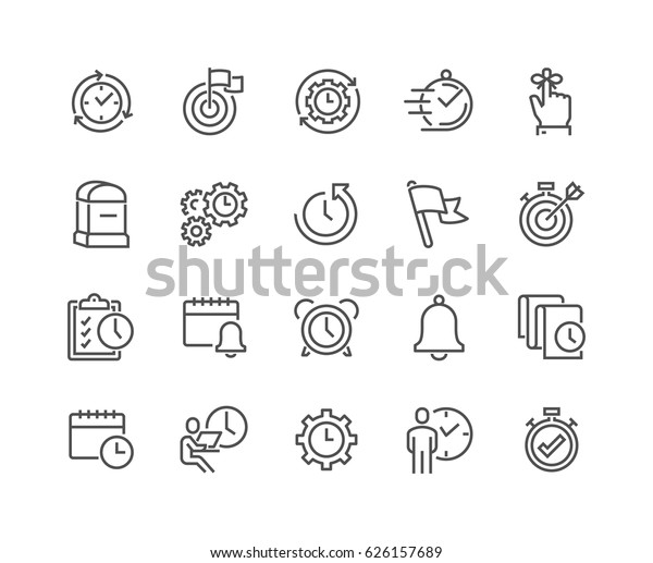 Simple Set\
of Time Management Related Vector Line Icons. \
Contains such Icons\
as Milestone, Reminder, Goal, Working Hours and more.\
Editable\
Stroke. 48x48 Pixel\
Perfect.