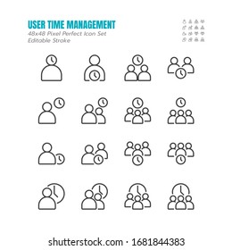 Simple Set of Time Management User or People Vector Line Outline Icons. Appointment, Organization, Community, Watch, Limited, Date, Invitation, Assignment.48x48 Pixel Perfect. Editable Stroke. Eps 10.