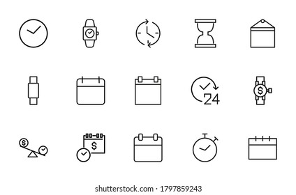 Conjunto simple de iconos de esquema relacionados con el tiempo. Elementos para el concepto móvil y aplicaciones web. Iconos vectoriales de línea delgada para el diseño y desarrollo de sitios web, desarrollo de aplicaciones. Paquete premium.