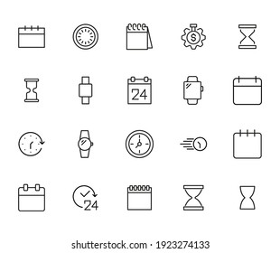 Conjunto simple de iconos de esquema relacionados con el tiempo. Elementos para el concepto móvil y aplicaciones web. Iconos vectoriales de línea delgada para el diseño y desarrollo de sitios web, desarrollo de aplicaciones. Paquete premium.