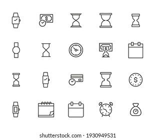 Conjunto simple de iconos de esquema relacionados con el tiempo. Elementos para el concepto móvil y aplicaciones web. Iconos vectoriales de línea delgada para el diseño y desarrollo de sitios web, desarrollo de aplicaciones. Paquete premium.