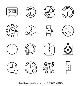 Conjunto simple de iconos de esquema relacionados con el tiempo. Elementos para App de concepto y Web móvil. Iconos del vector de la línea fina para el diseño y el desarrollo del Sitio web, desarrollo App. Paquete de Premium.