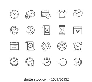 Simple Set of Time Related Vector Line Icons. Contains such Icons as Time Inspection, Log, Calendar and more. Editable Stroke. 48x48 Pixel Perfect.