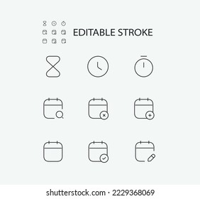 Simple Set of Time Related Vector Line Icons. Editable stroke. Contains such Icons as Clock and Calendar. Editable Stroke. 72x72 Pixel Perfect.