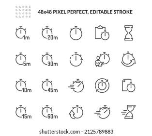 Einfache Set von Timern verwandte Vektorliniensymbole. Enthält Symbole wie Task, Hourglass, Speed und mehr. Bearbeitbarer Stroke. 48x48 Pixel perfekt.