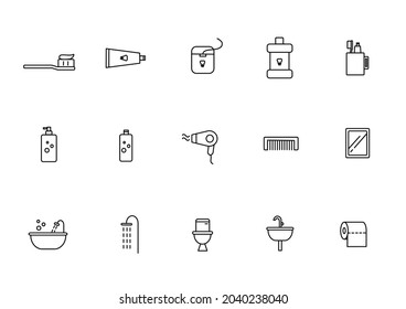 Einfache Set von Toilettenartikeln verwandte Vektorliniensymbole. Enthält Symbole wie Toothbrush, Toothpaste, Floss, Mundwaschen, Shampoo, Konditioner, Haartrockner, Komb, Spiegel, Badewanne, Dusche und mehr